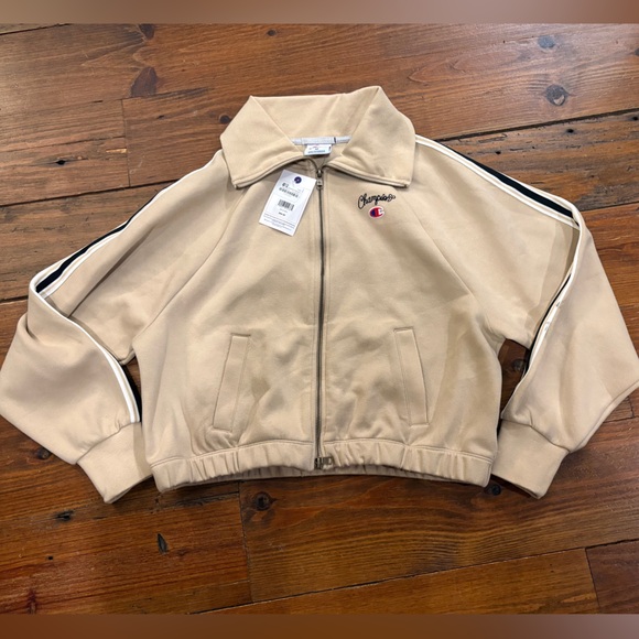 Champion Jackets & Blazers - Champion Beige Bomber Jacket with Black & White Stripes
